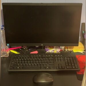 HP Black Monitor with Black Keyboard and Mouse